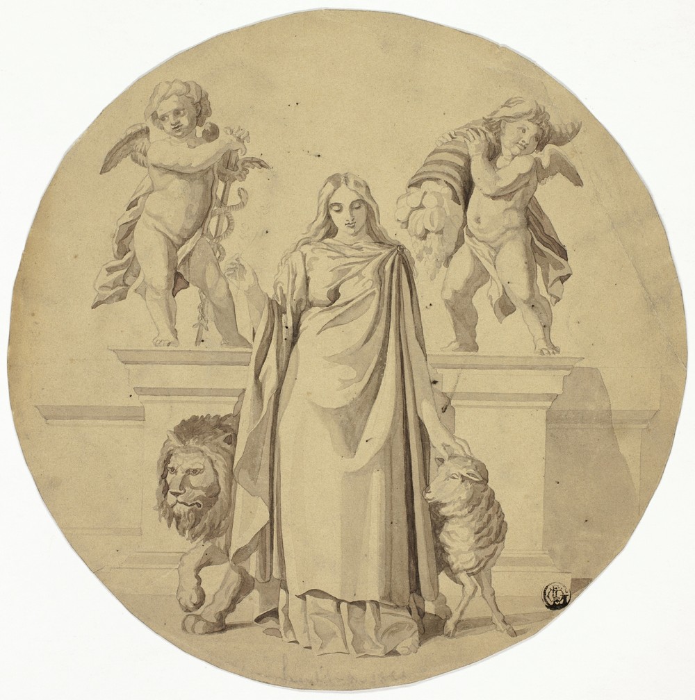 Allegorical Female Figure with Lion, Lamb, Two Putti
