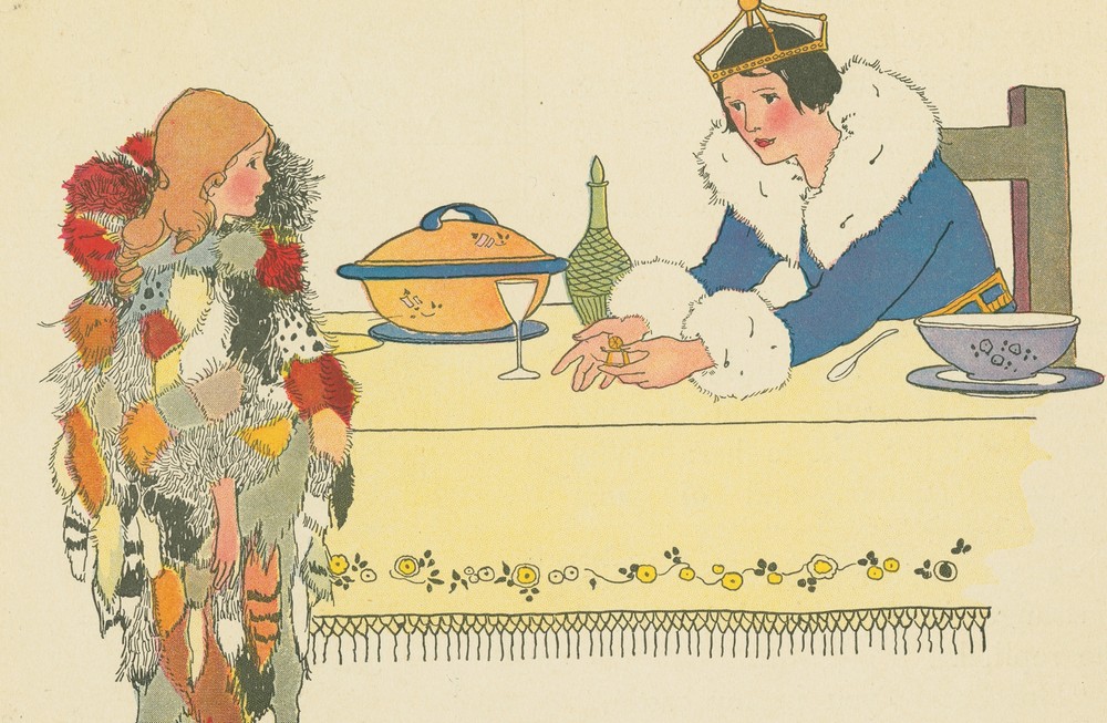 The king questions Furball about the golden spinning wheel found in his bowl of soup