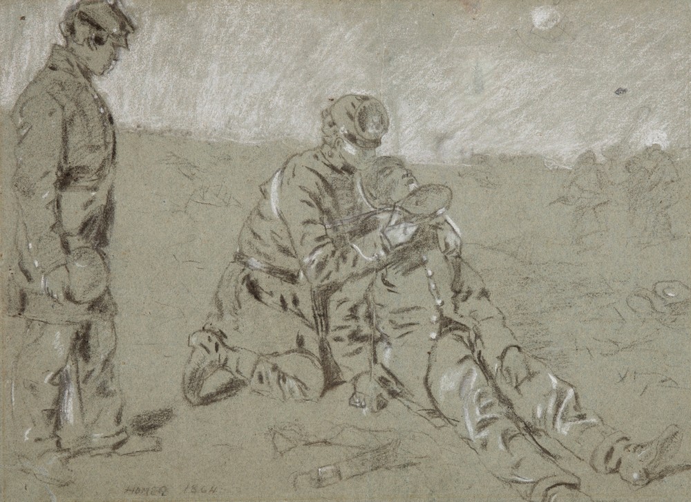 Soldier Giving Water to a Wounded Companion
