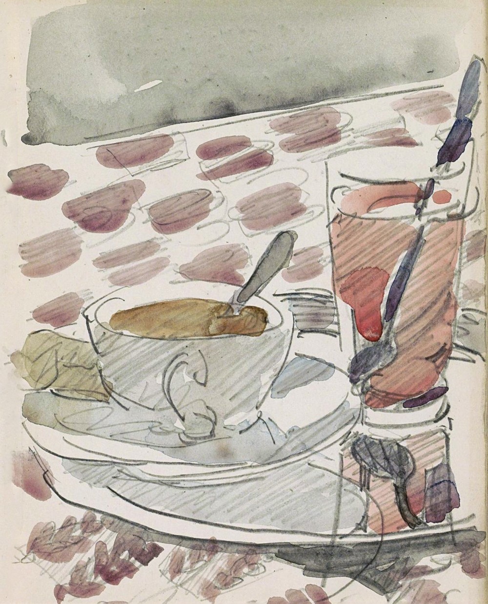 Tray with a cup, saucer and glass on a table (c. 1916)