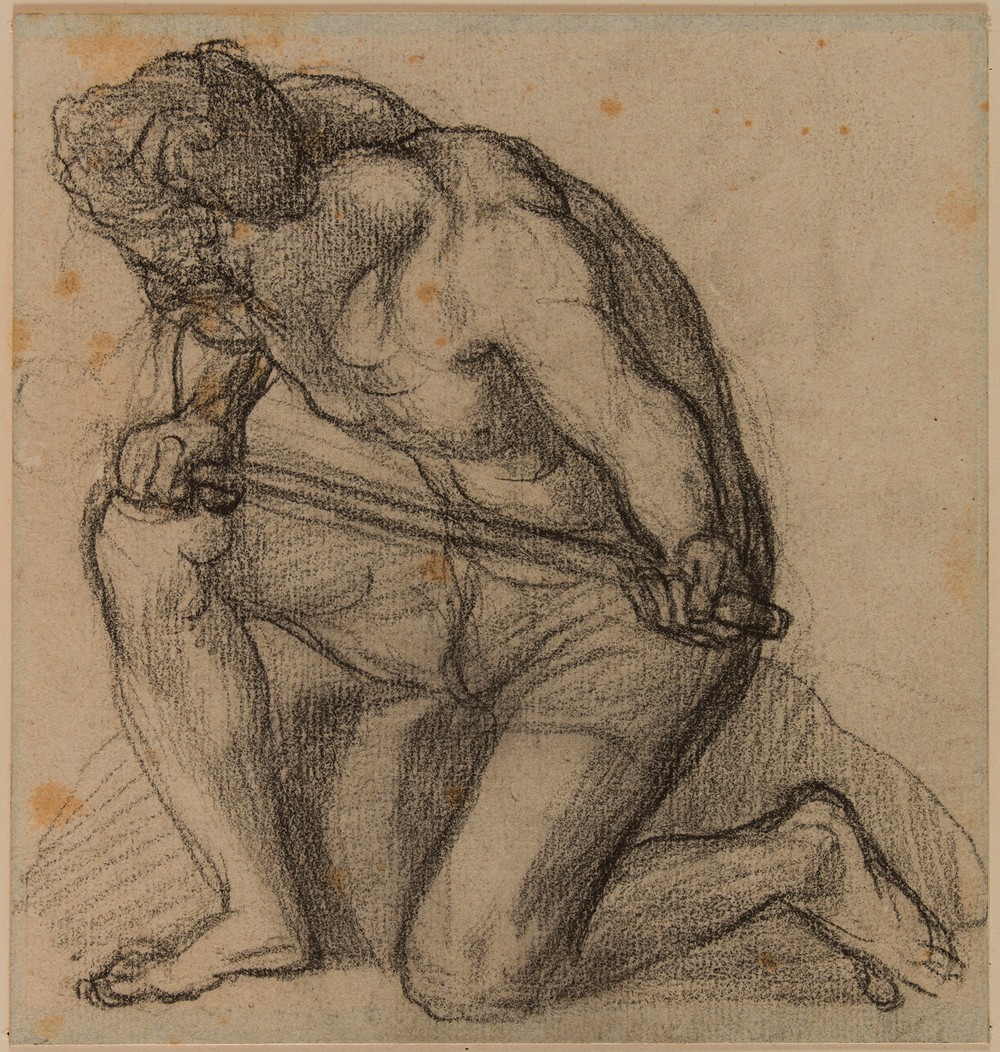 Homme de profil à gauche, genou gauche à terre