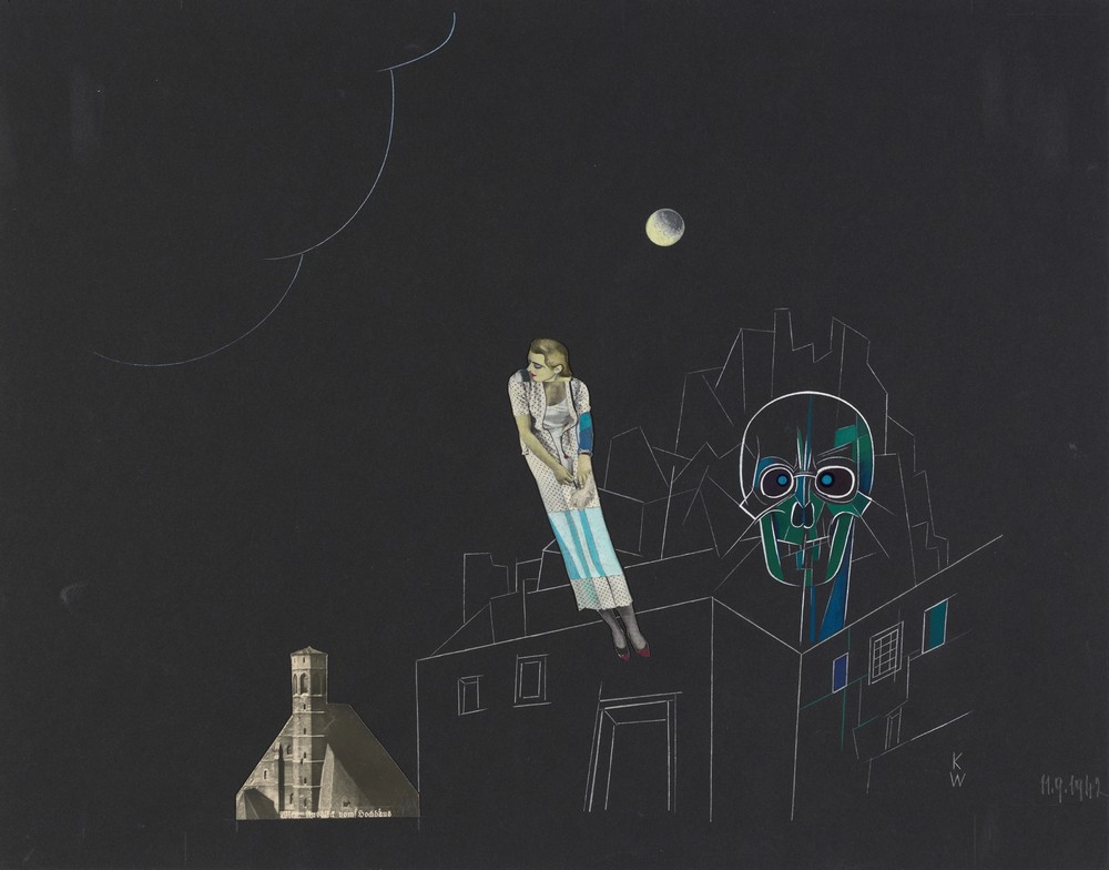 Ohne Titel (Collage, Frau, Mond und Totenkopf)