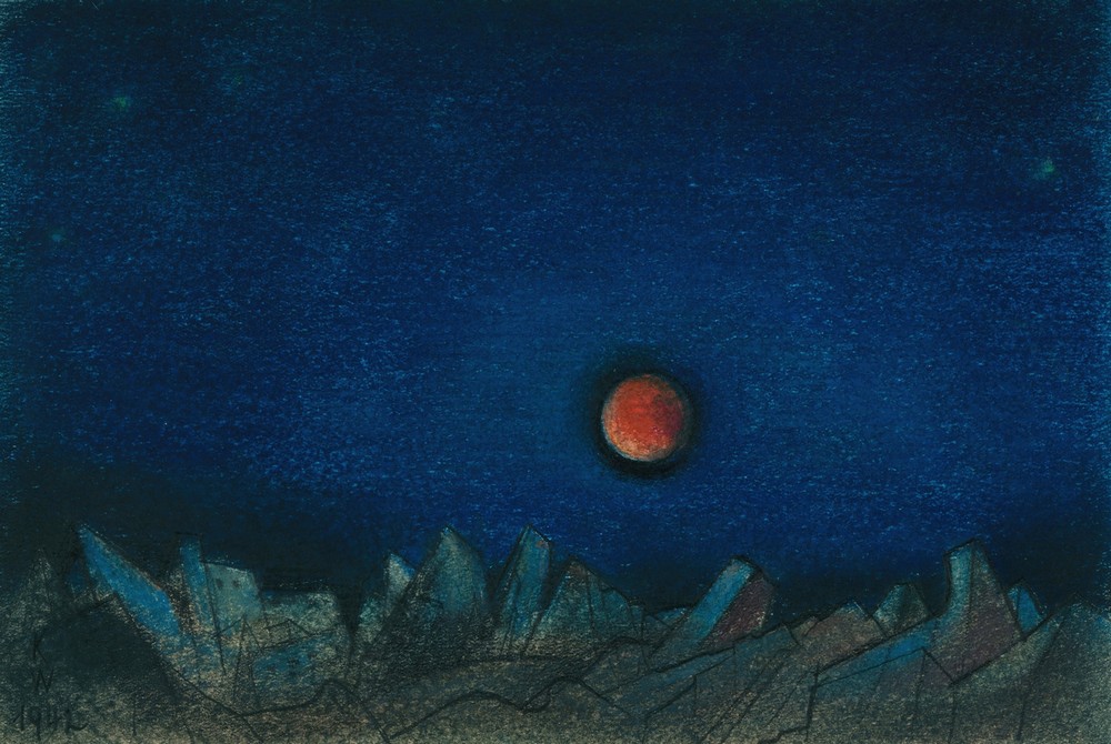 Ohne Titel (Roter Mond über Trümmerlandschaft)