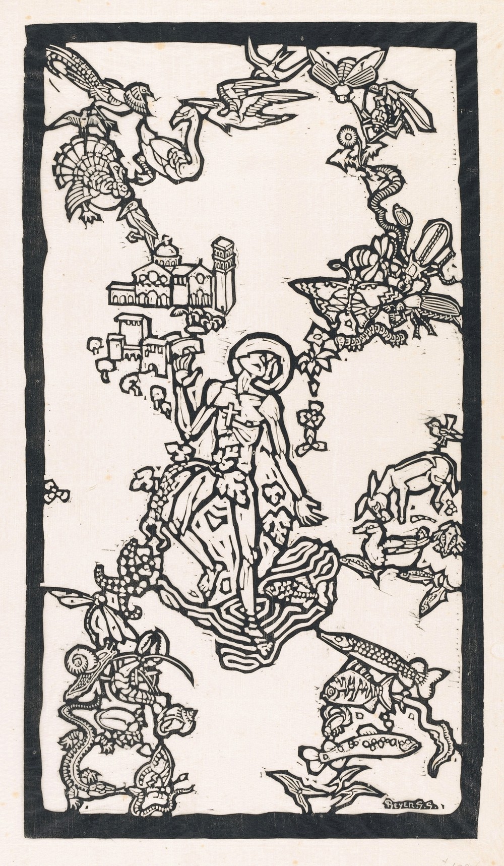 Sint Franciscus van Assisi, staand in het water, omringd door dieren