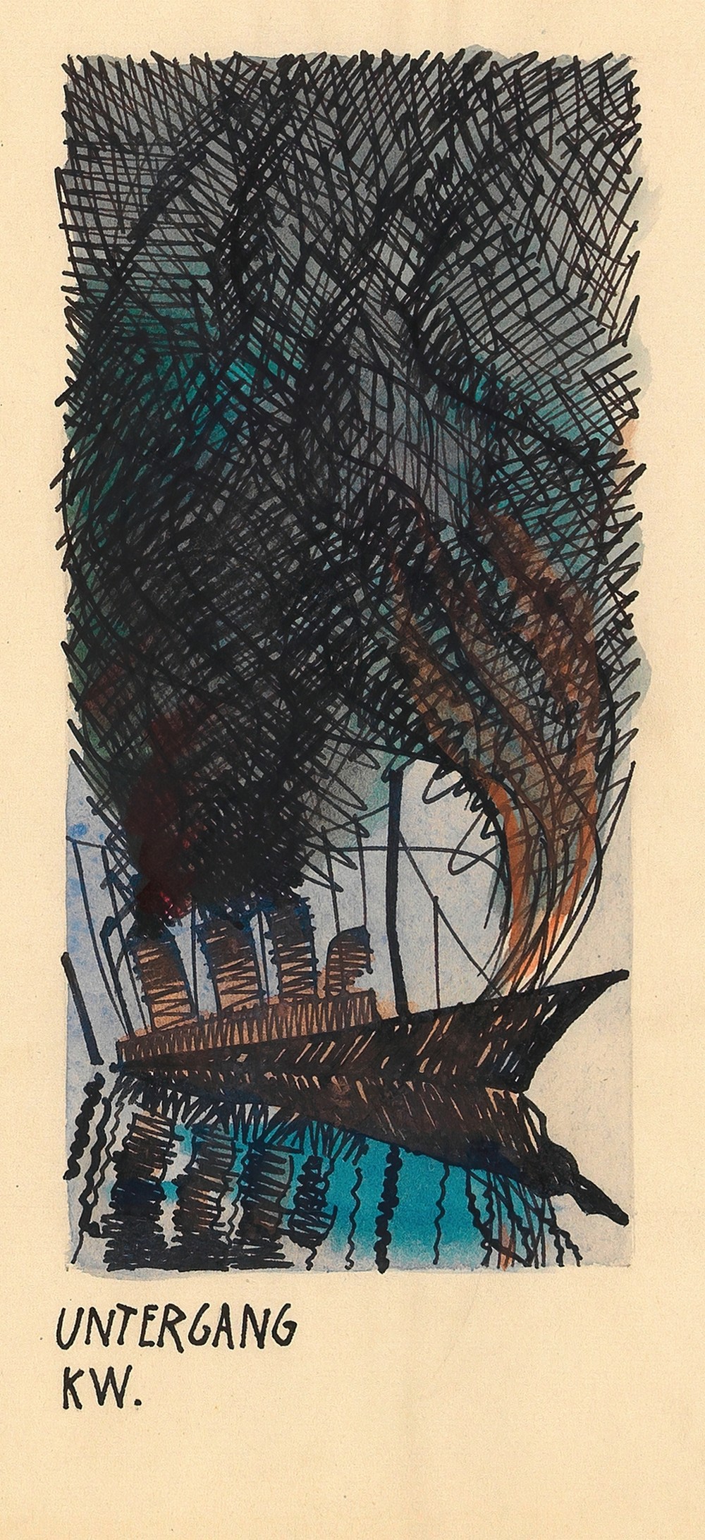 Untergang (Schiff mit vier Schloten, Feuer und Rauchwolke) (around 1920)