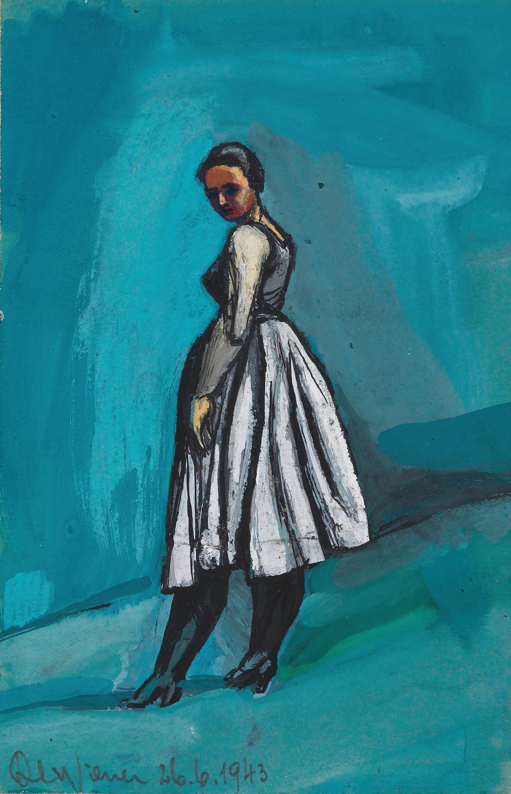 Ohne Titel (Frau in weißschwarzem Kleid)