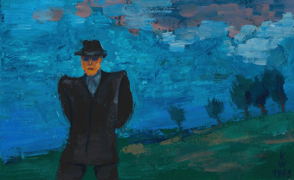 Ohne Titel (Mann mit schwarzem Anzug und Hut in Landschaft)