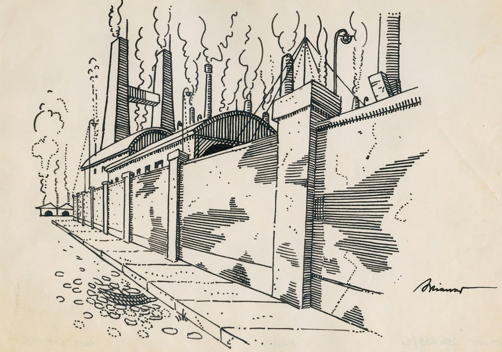 Ohne Titel (Fabrik mit rauchenden Schloten hinter Mauer) (around 1920)