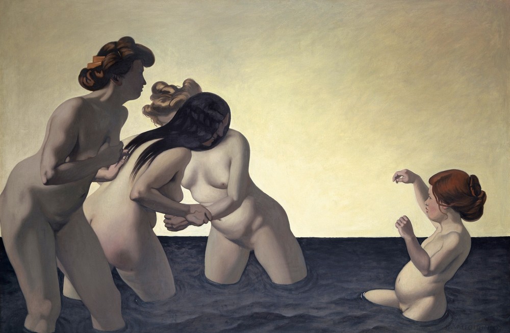 Three Women and One Little Girl Playing in the Water