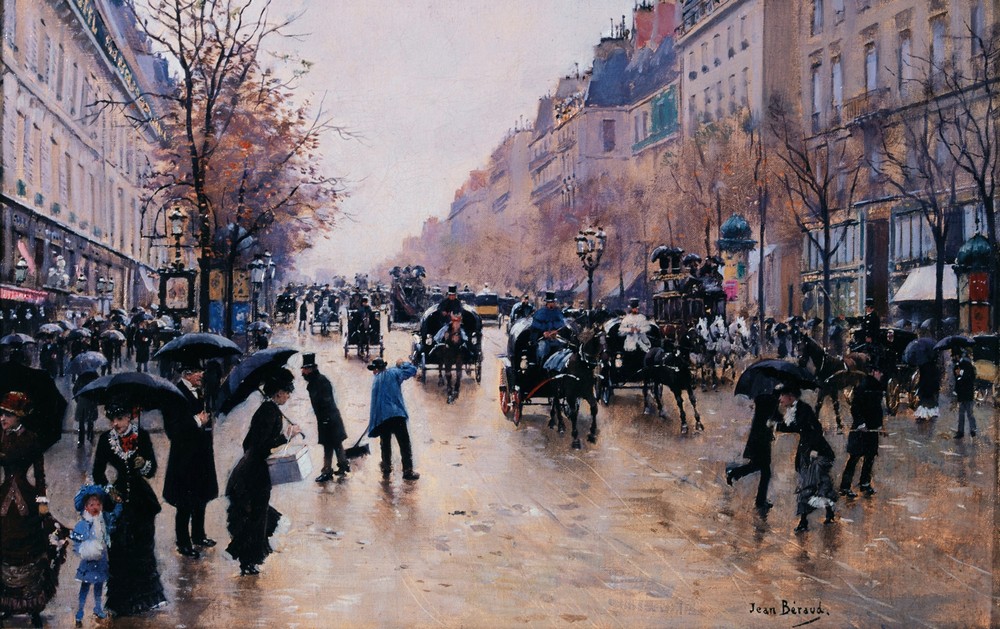 Le boulevard Poissonière sous la pluie