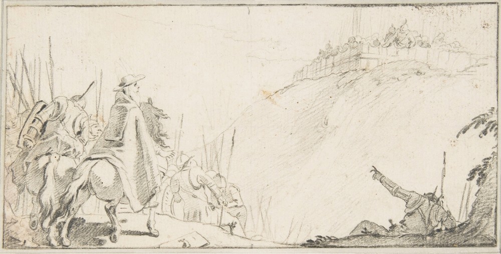 Cardinal with Troops Facing a Fortification on a Hilltop