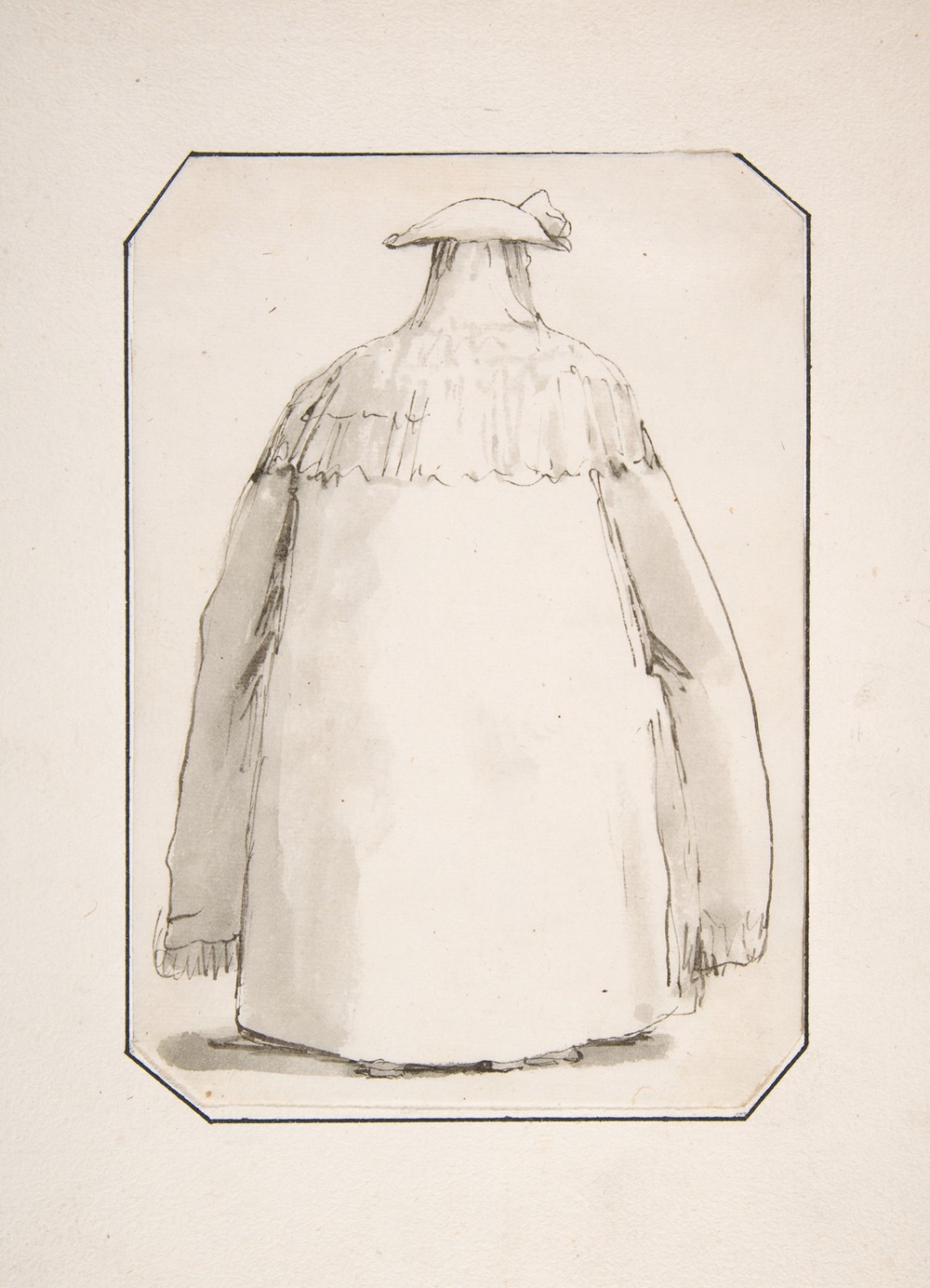 Caricature of a Fat Person Wearing a Long Cloak and a Tricorne, Seen from Behind