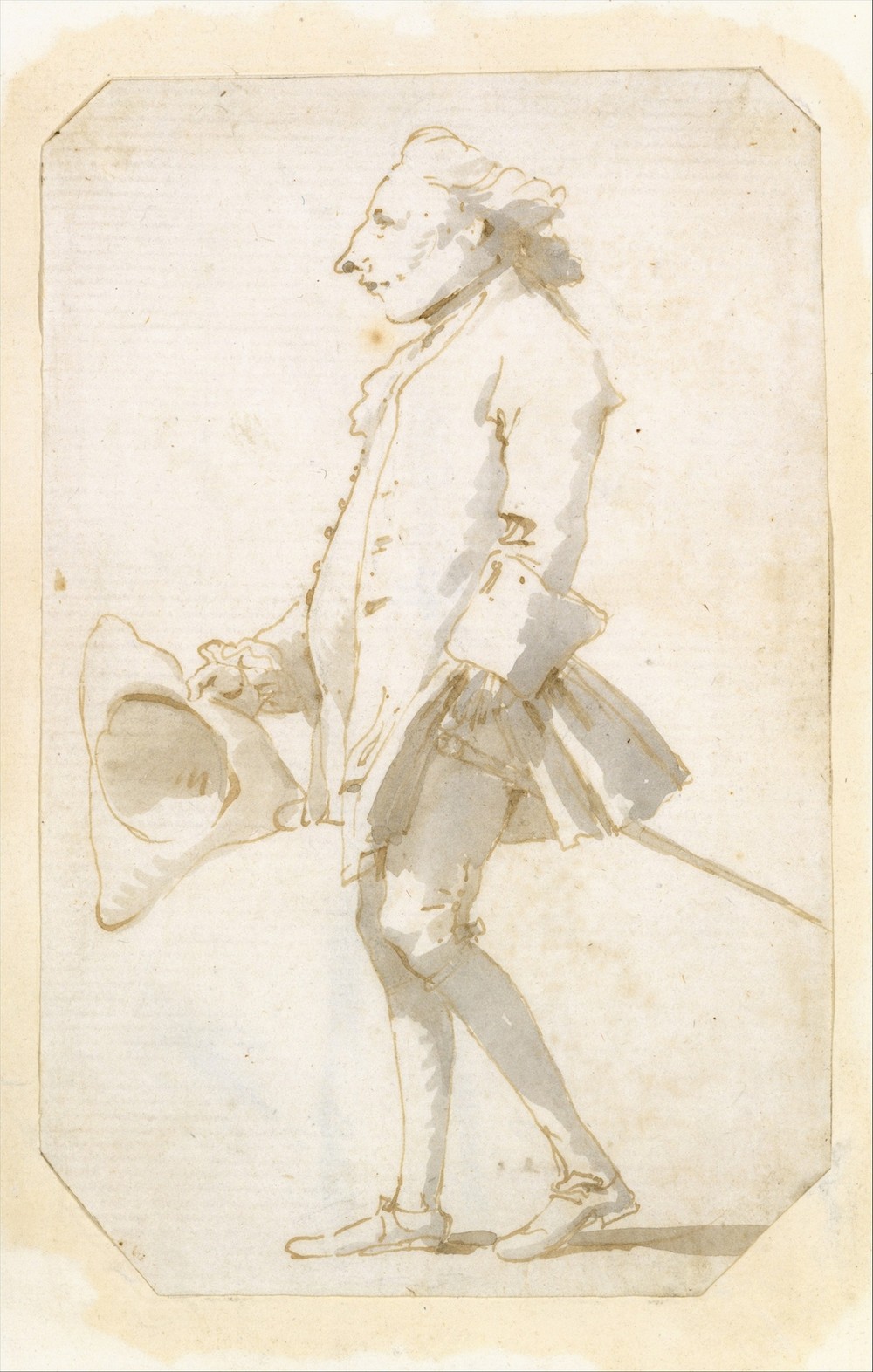 Caricature of a Man Holding a Tricorne, Walking to the Left (ca. 1740–45)