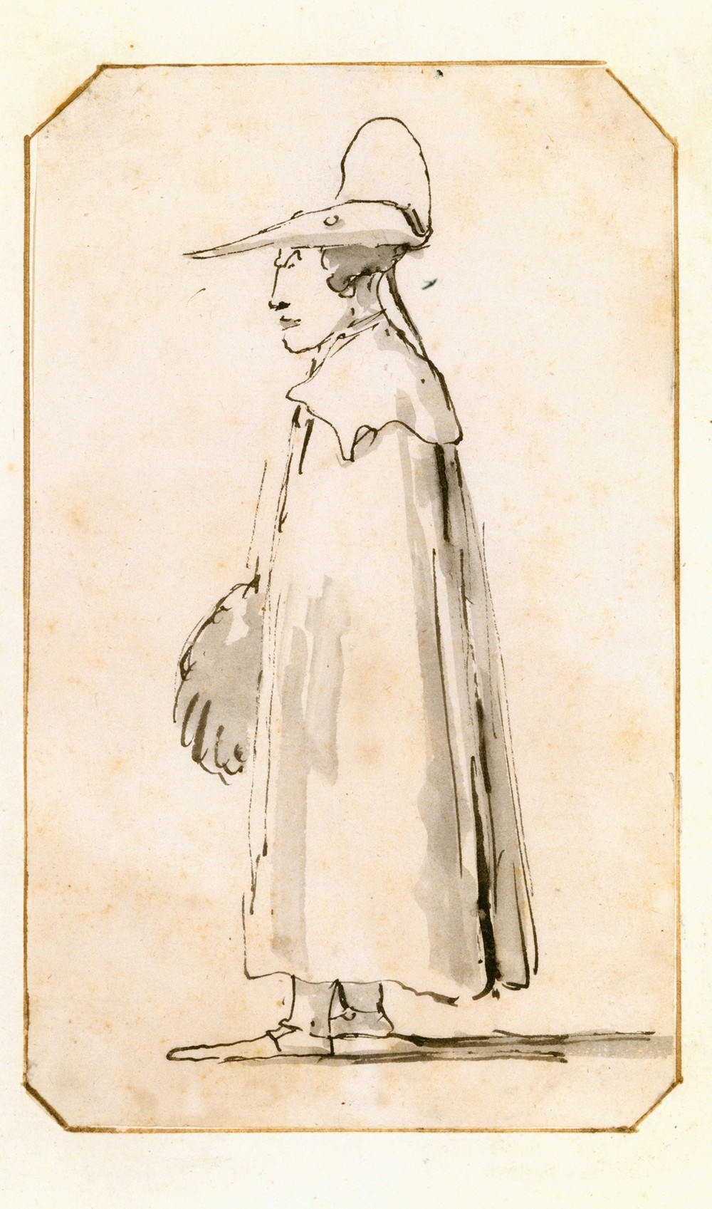 Caricature of a Man in a Long Cloak, Standing in Profile to the Left