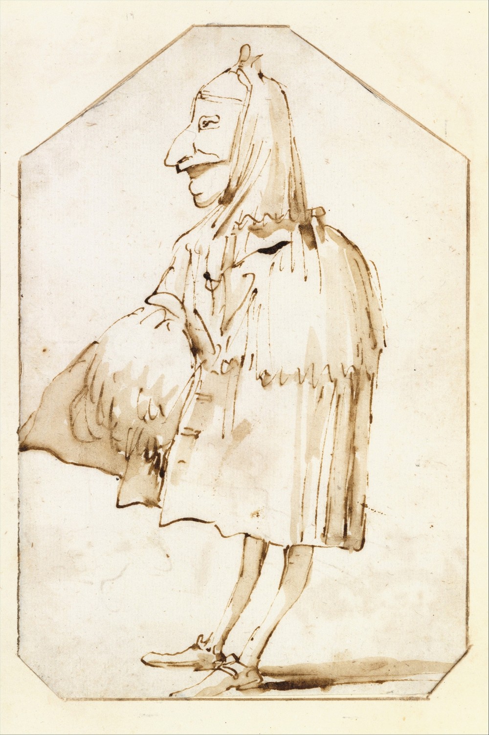 Caricature of a Man in a Mask and a Cloak, Holding a Muff and a Tricorne, Standing in Profile to the Left