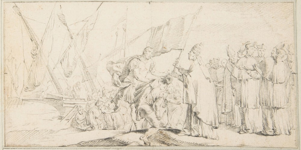 Pope Handing a Banner to a Crusader, with Ships in the Background