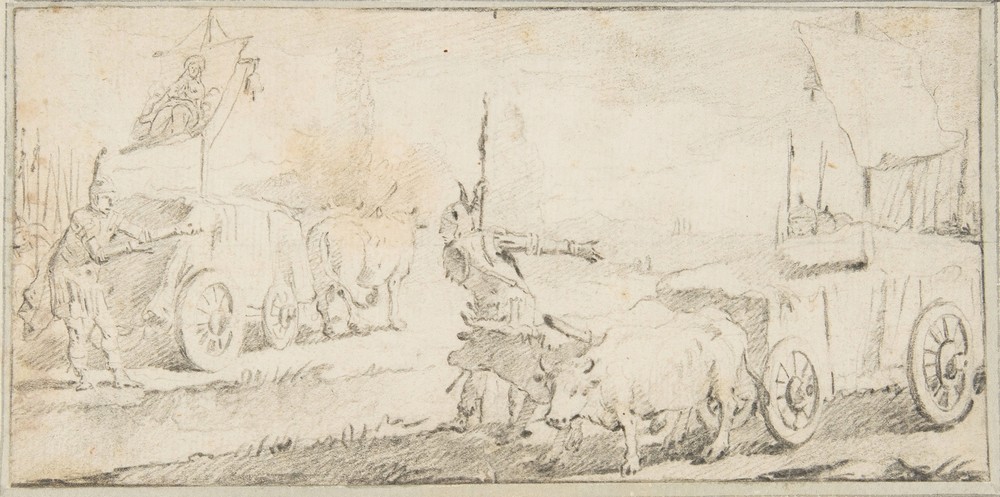 Soldiers Driving Ox Carts with Banners