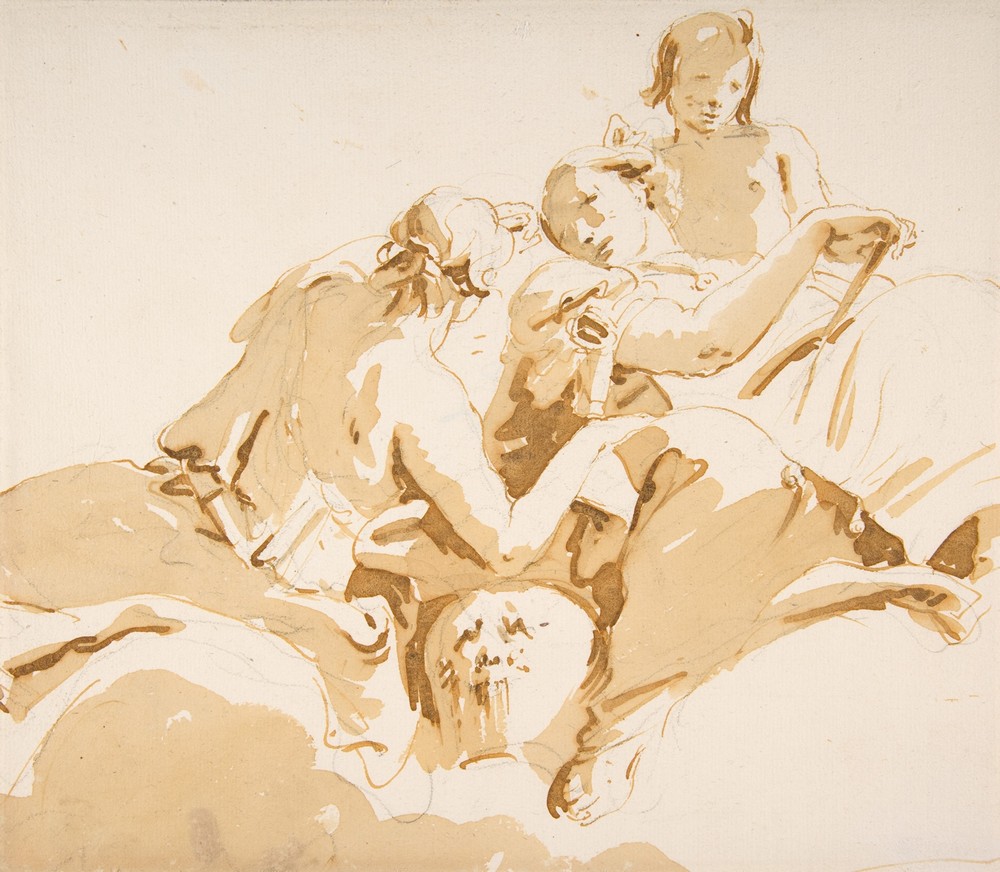 Two Seated Women and a Boy on Clouds