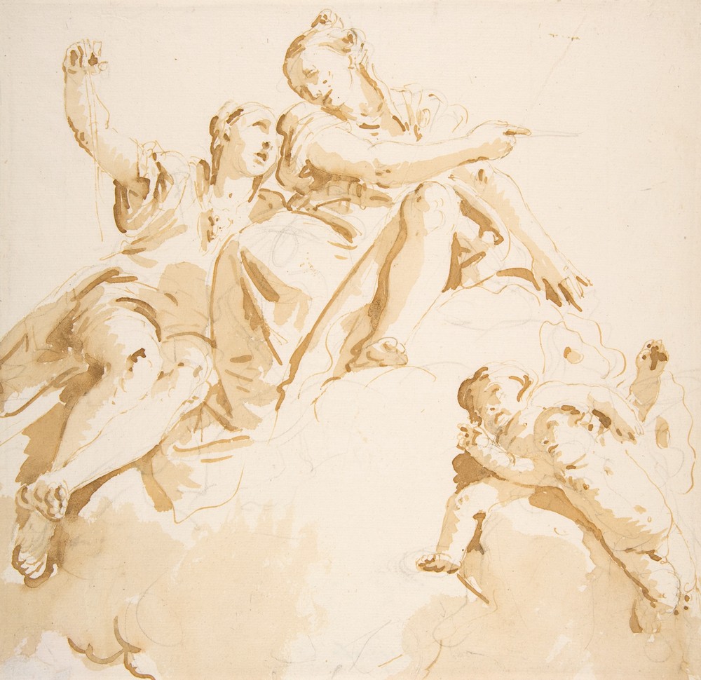Two Women Seated on a Cloud, and Two Putti