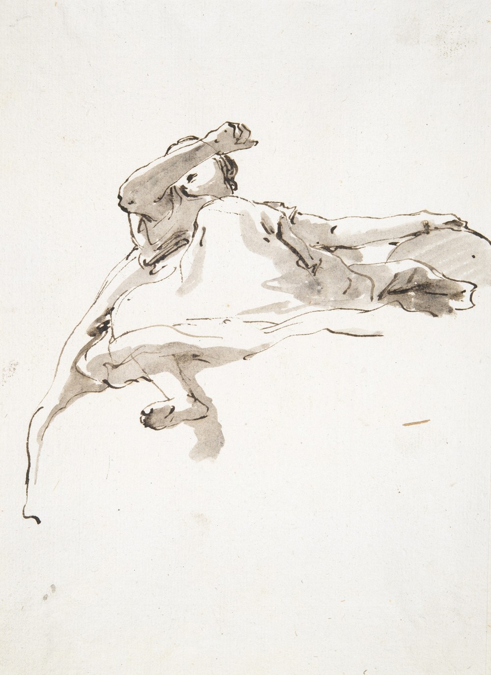 Reclining female figure, left hand resting on globe, right arm raised in front of face, seen from below (ca. 1740–50)