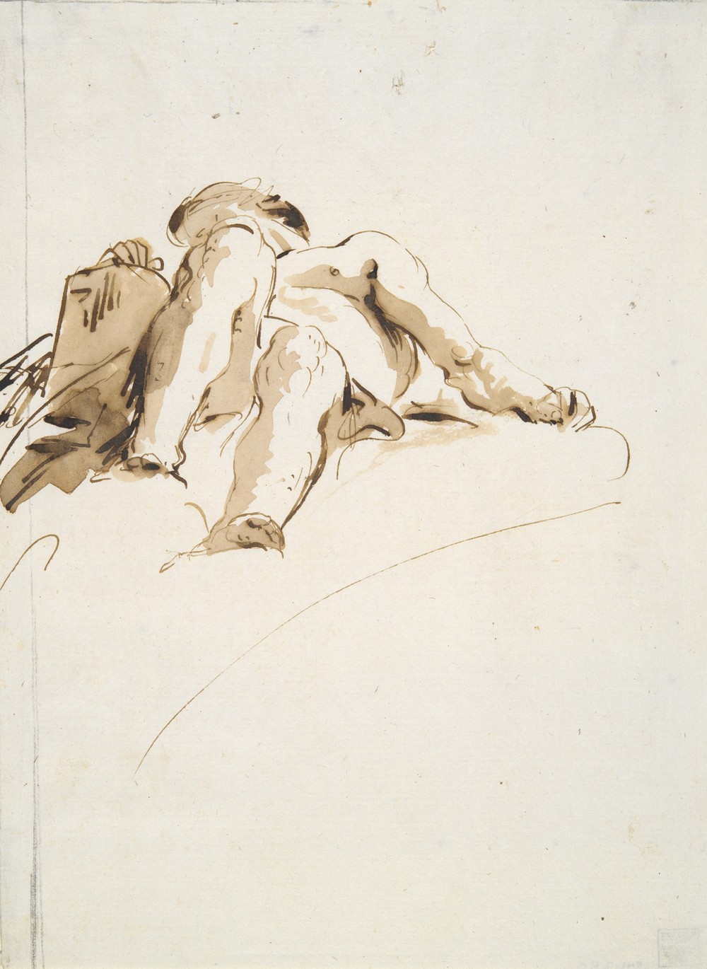 Reclining male nude with right hand resting on a stone tablet, seen from below (ca. 1740–50)