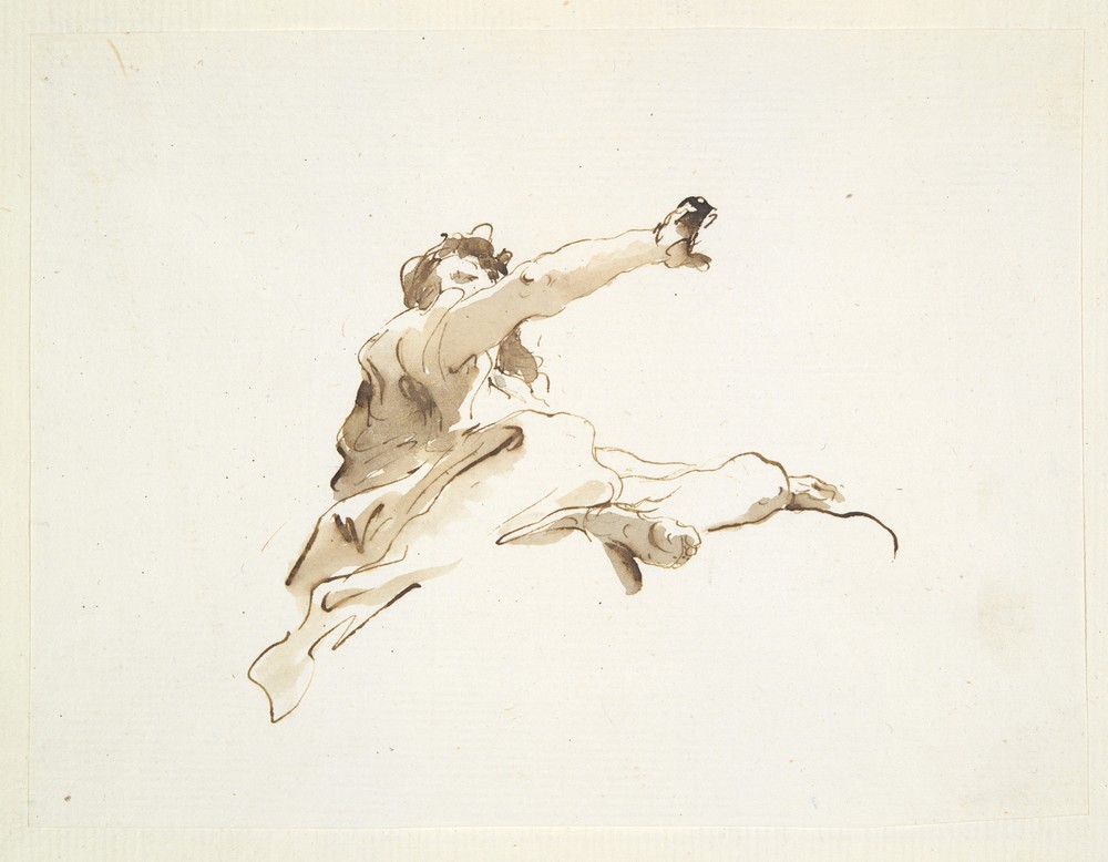 Seated figure with head turned to the left and right arm raised, seen from below (ca. 1740–50)