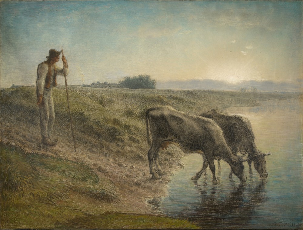 Peasant Watering his cows on the bank of the Allier River, dusk (ca. 1868)