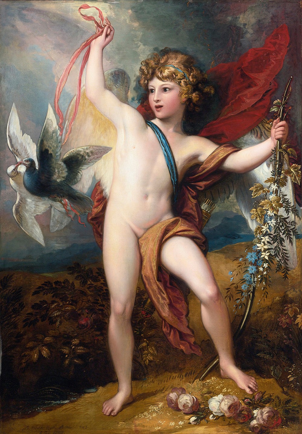 Cupid Releasing Two Doves