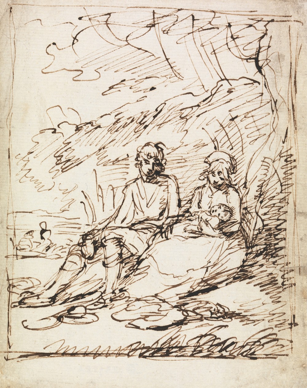 Man and Woman Holding Baby, Seated on Bank