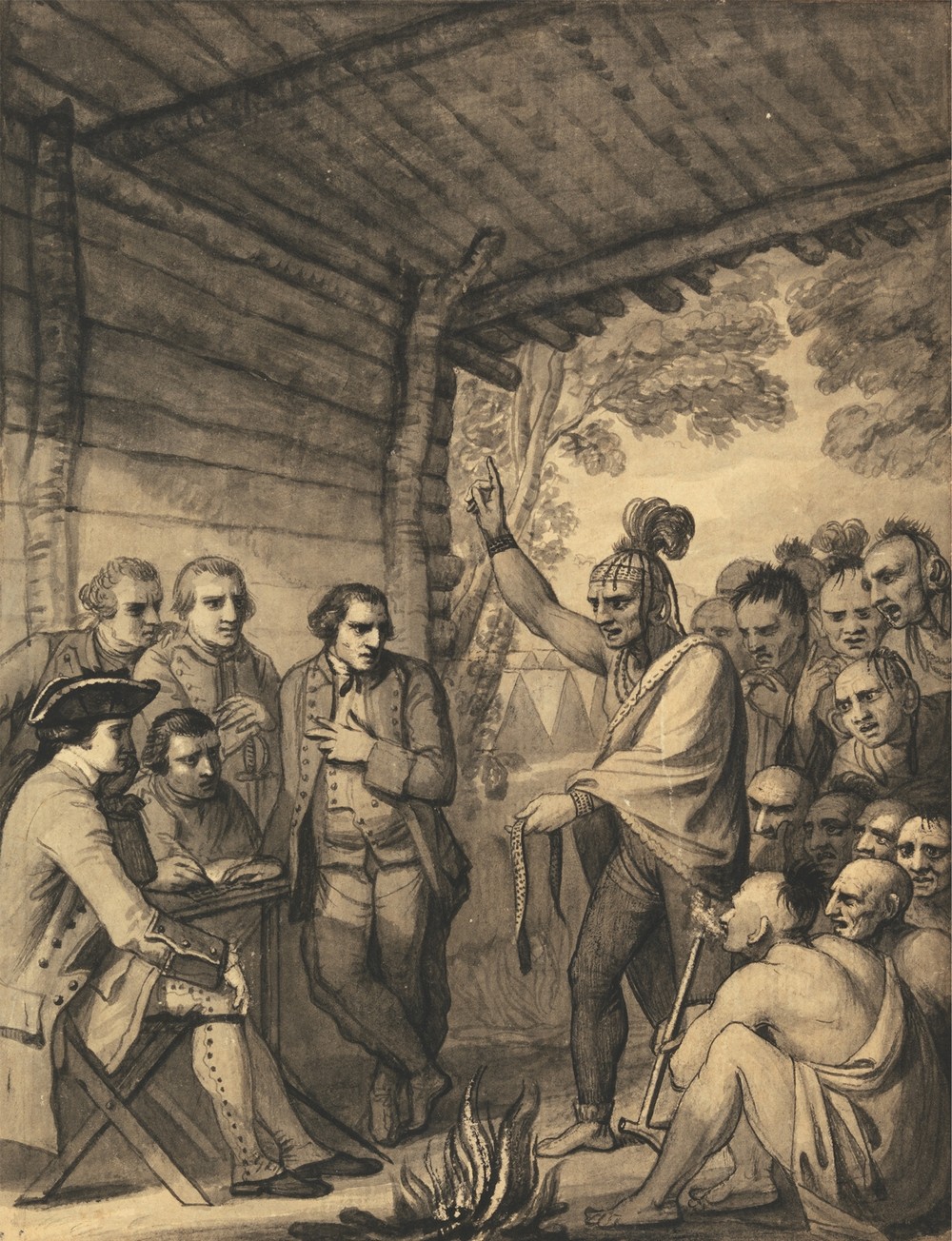 The Indians Giving a Talk to Colonel Bouquet in a conference at a Council Fire Near his Camp on the Banks of Muskingum in America, in October 1764, 1765 (between 1765 and 1766)