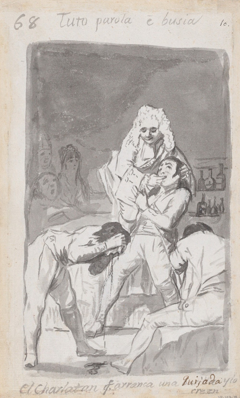 A charlatan extracting a tooth from a patient’s mouth, figure in the foreground vomiting