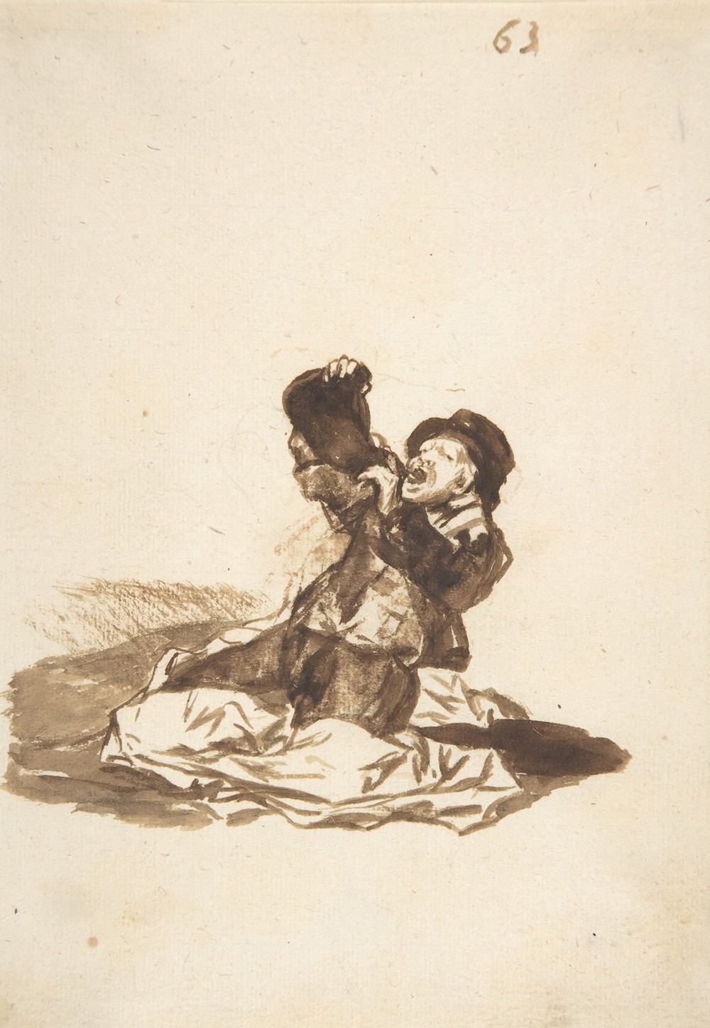 A man on the ground drinking from a wine skin (ca. 1812–20)