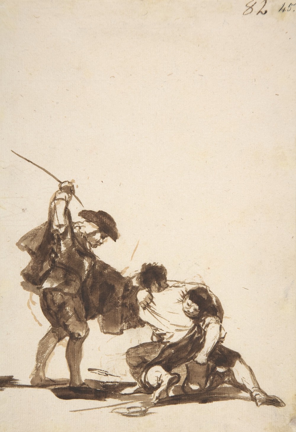 A man with a raised whip breaking up a fight between two figures (ca. 1812–20)