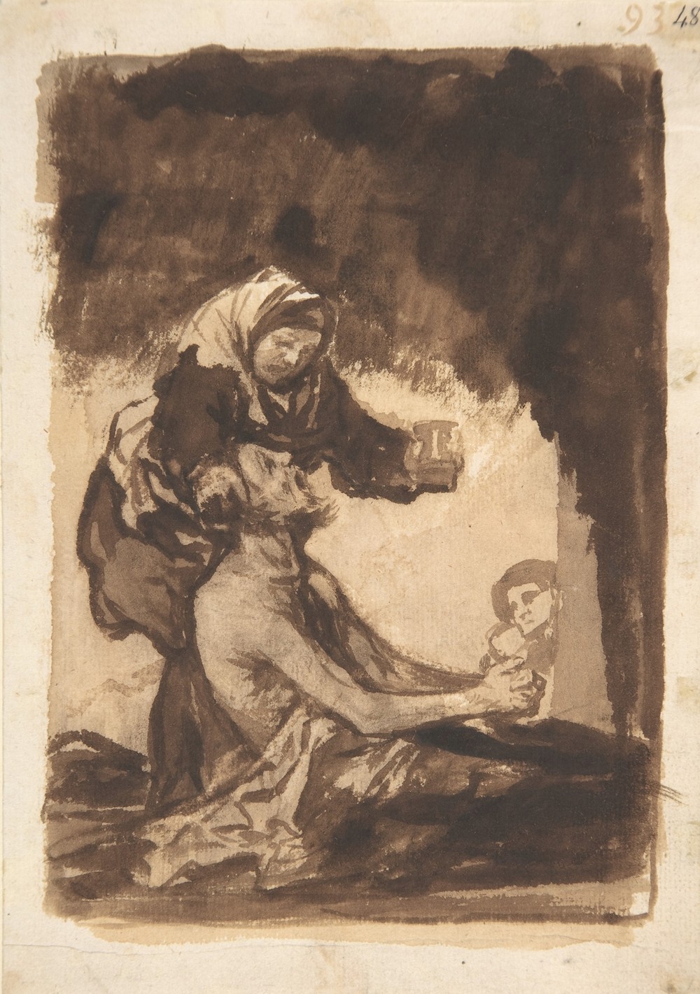 A woman giving a mug to an old man (ca. 1812–20)