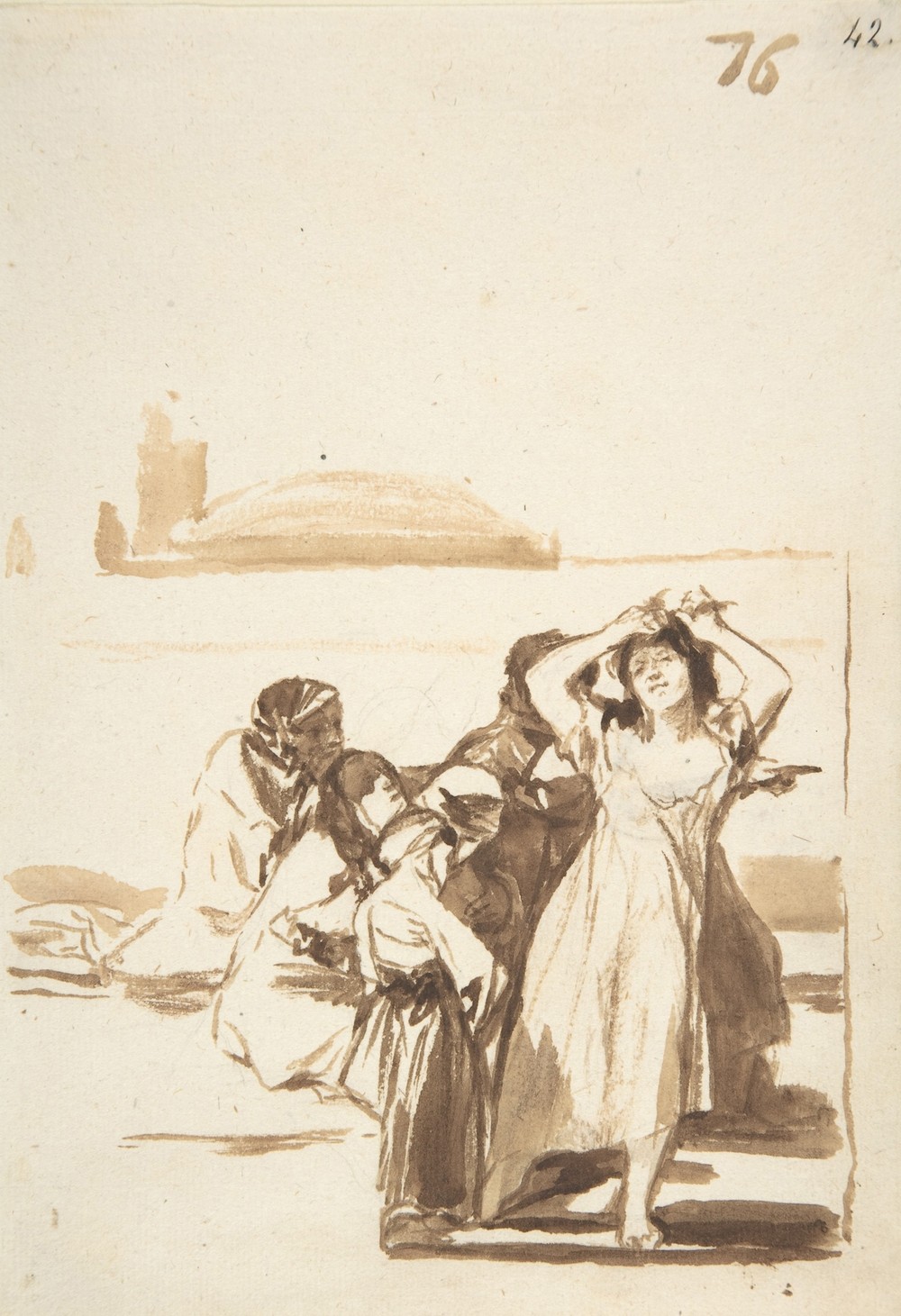 A woman pulling at her hair being watched by a group of figures (ca. 1812–20)