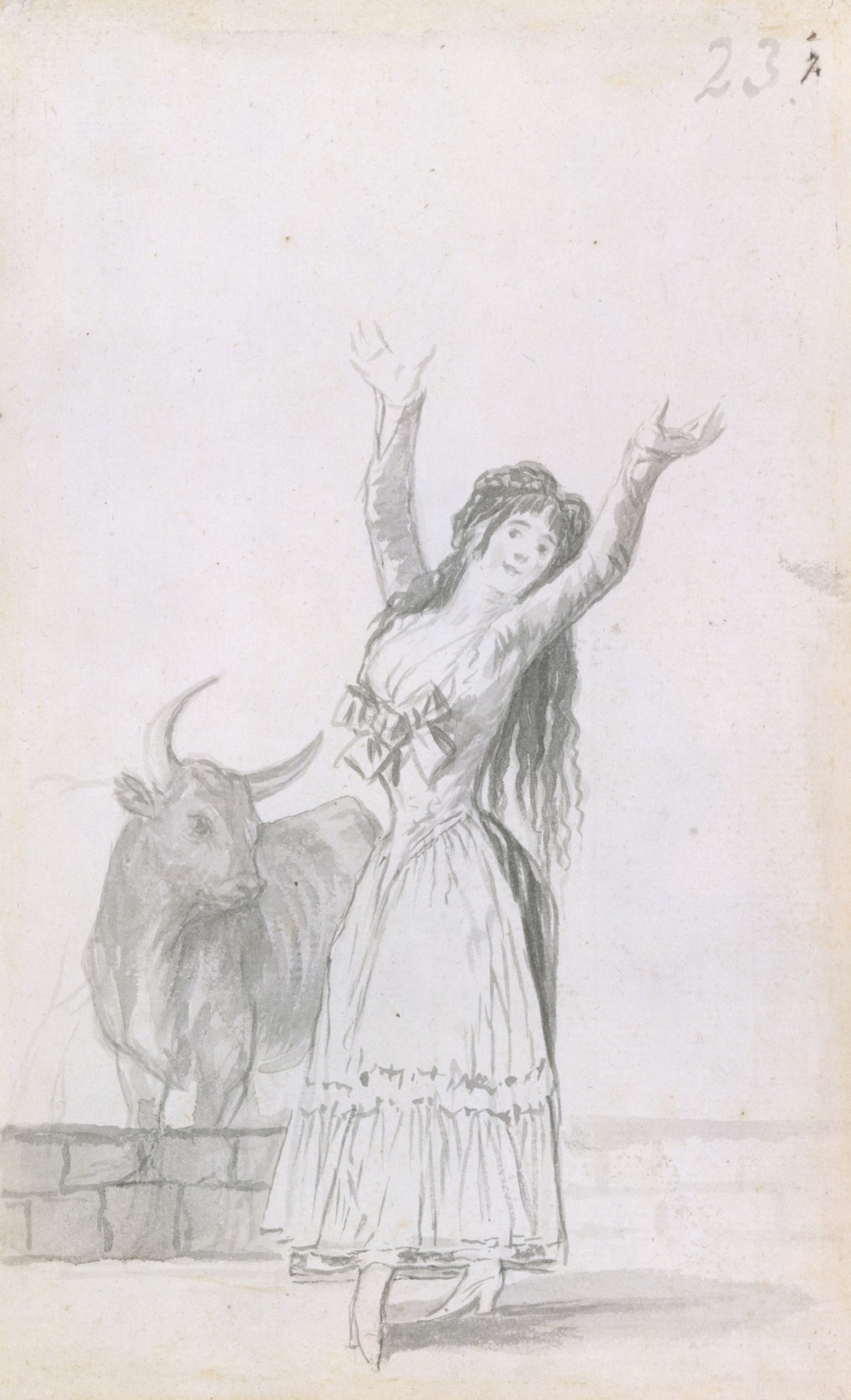 A young woman dancing, her arms raised, a bull in the background (1796–97)