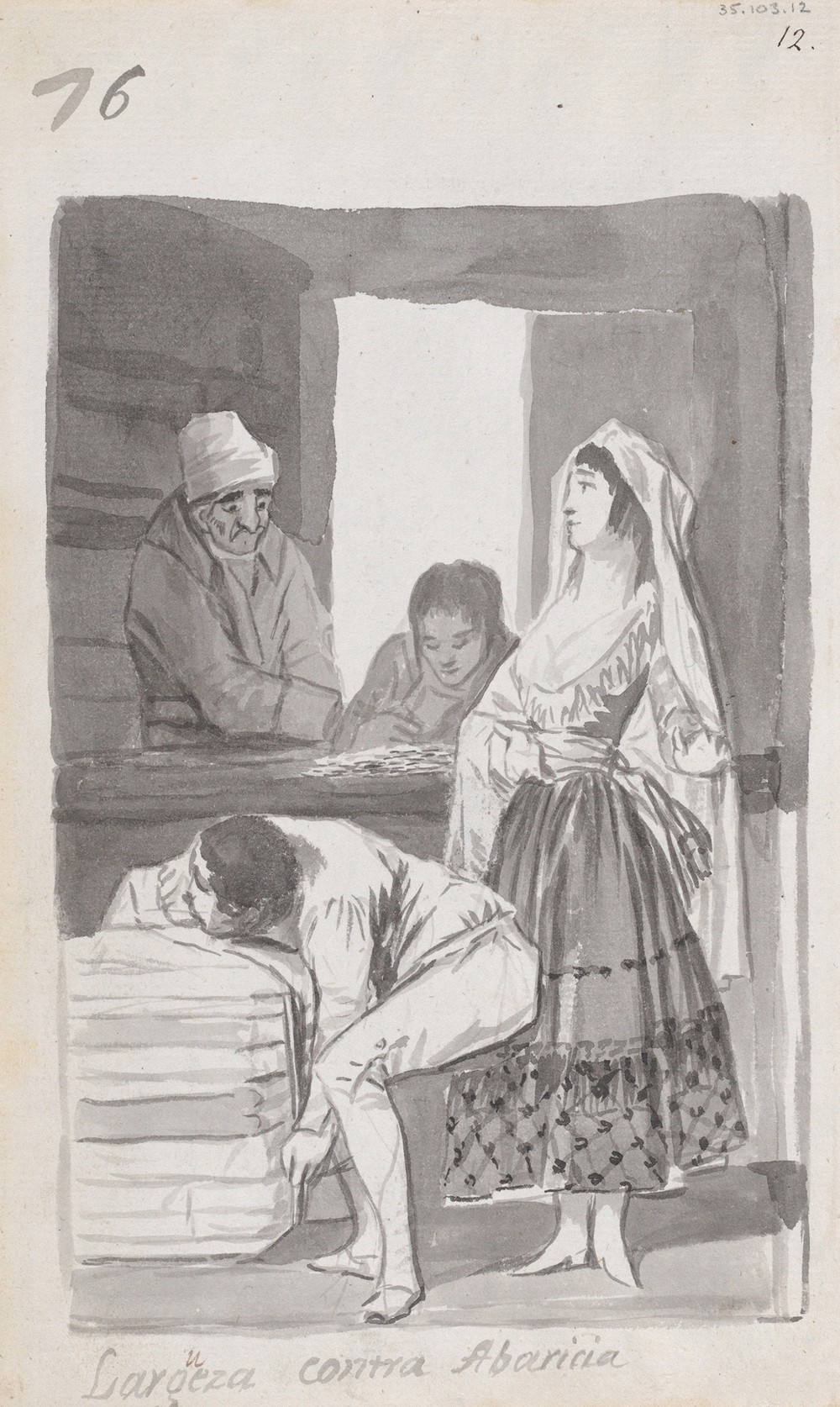 ‘Generosity versus Greed’, a woman and three men conducting a transaction inside a shop
