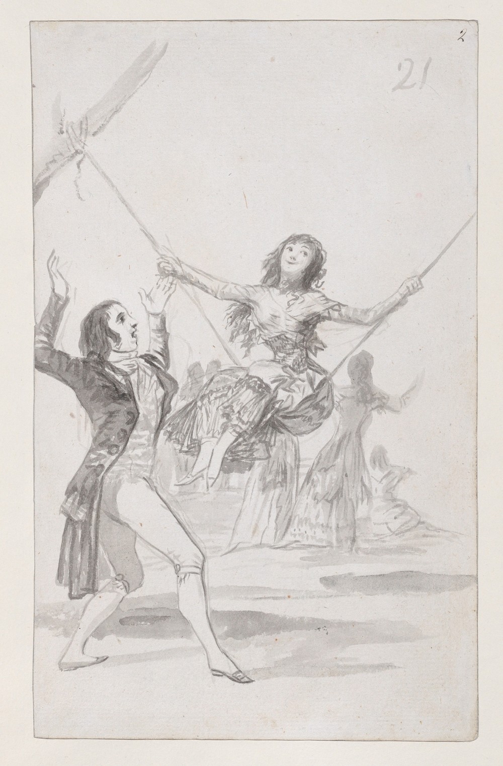 Girl on a swing, a man with his arms raised