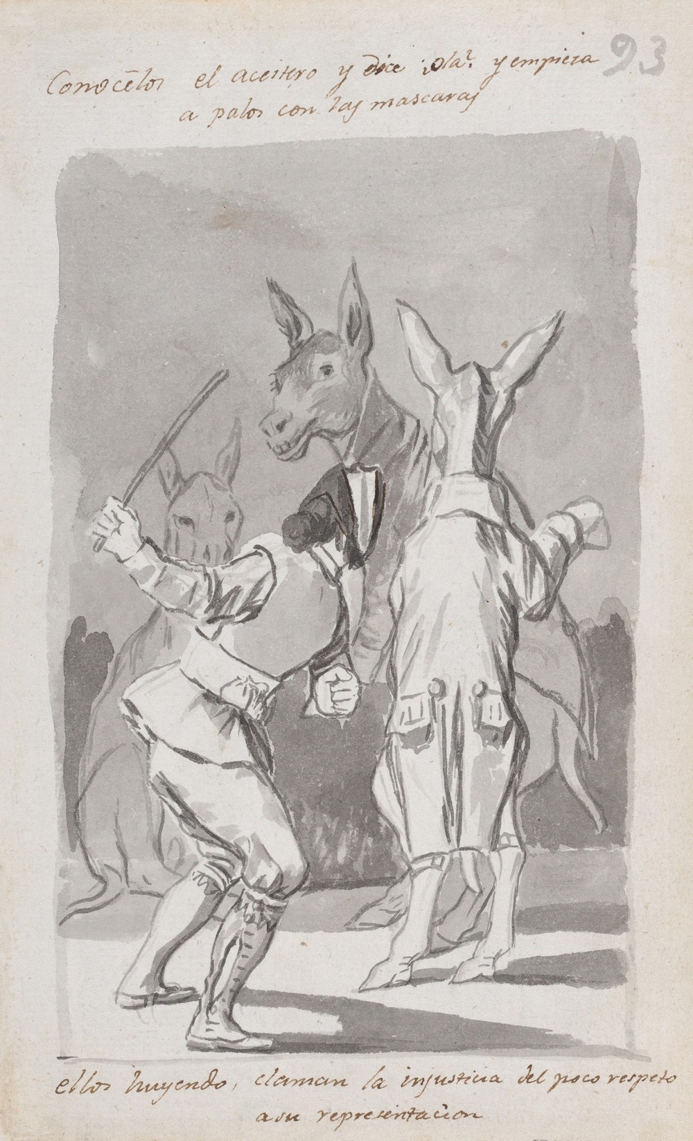 Masquerading asses being whipped by a man (ca. 1812–20)