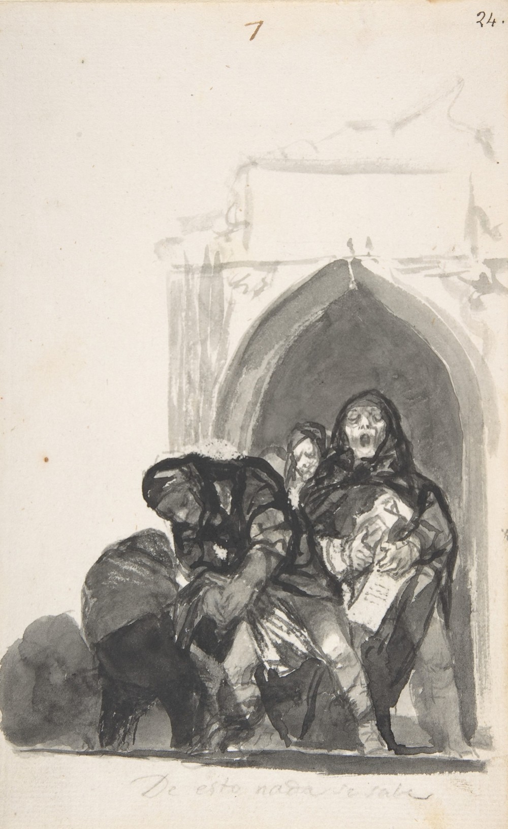 ‘Nothing is Known of This’ ; two figures picking up a body in front of a church, a monk singing next to them and another in the background (ca.1819–23)