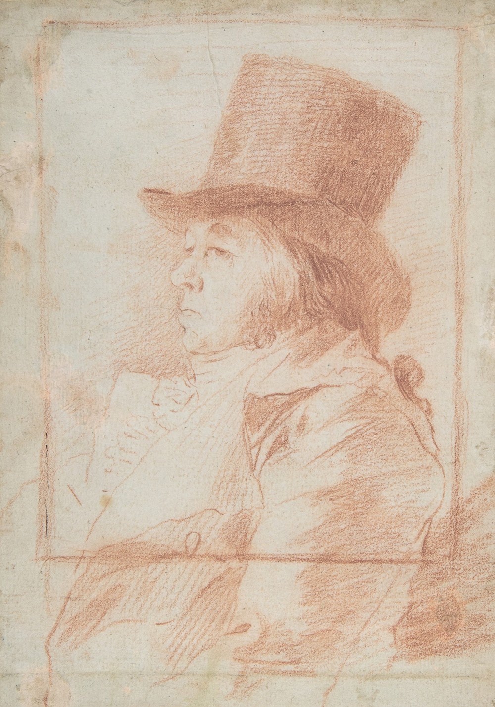Self-portrait; Goya wearing a top hat facing left within a drawn frame (ca. 1797–98)