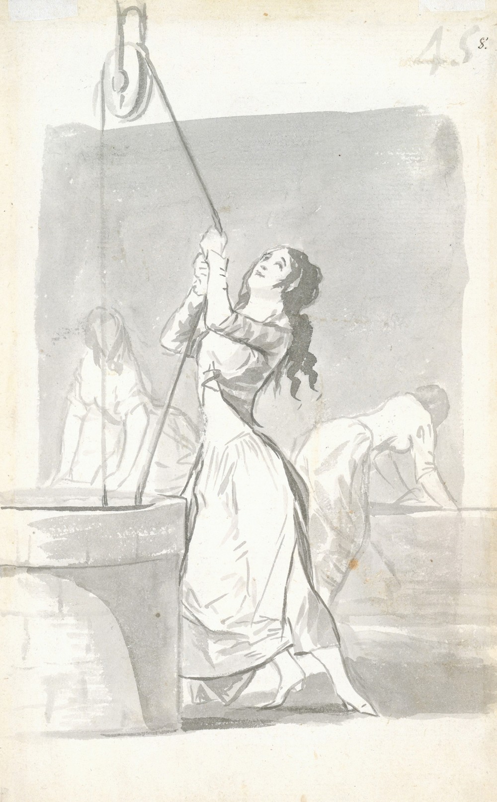 Three women, one in the foreground drawing water from a well, two in the background washing (1796–97)