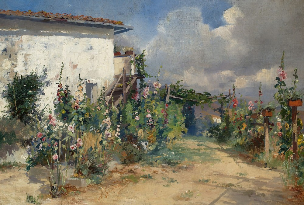 House with hollyhocks in the garden (around 1880-90)