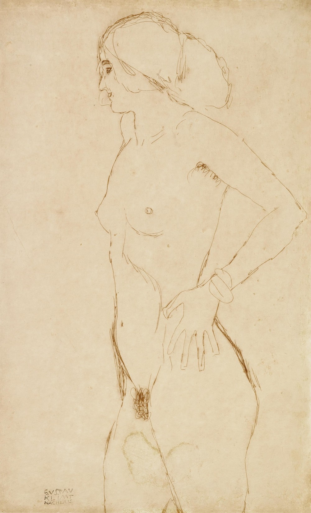 Standing nude girl, facing left