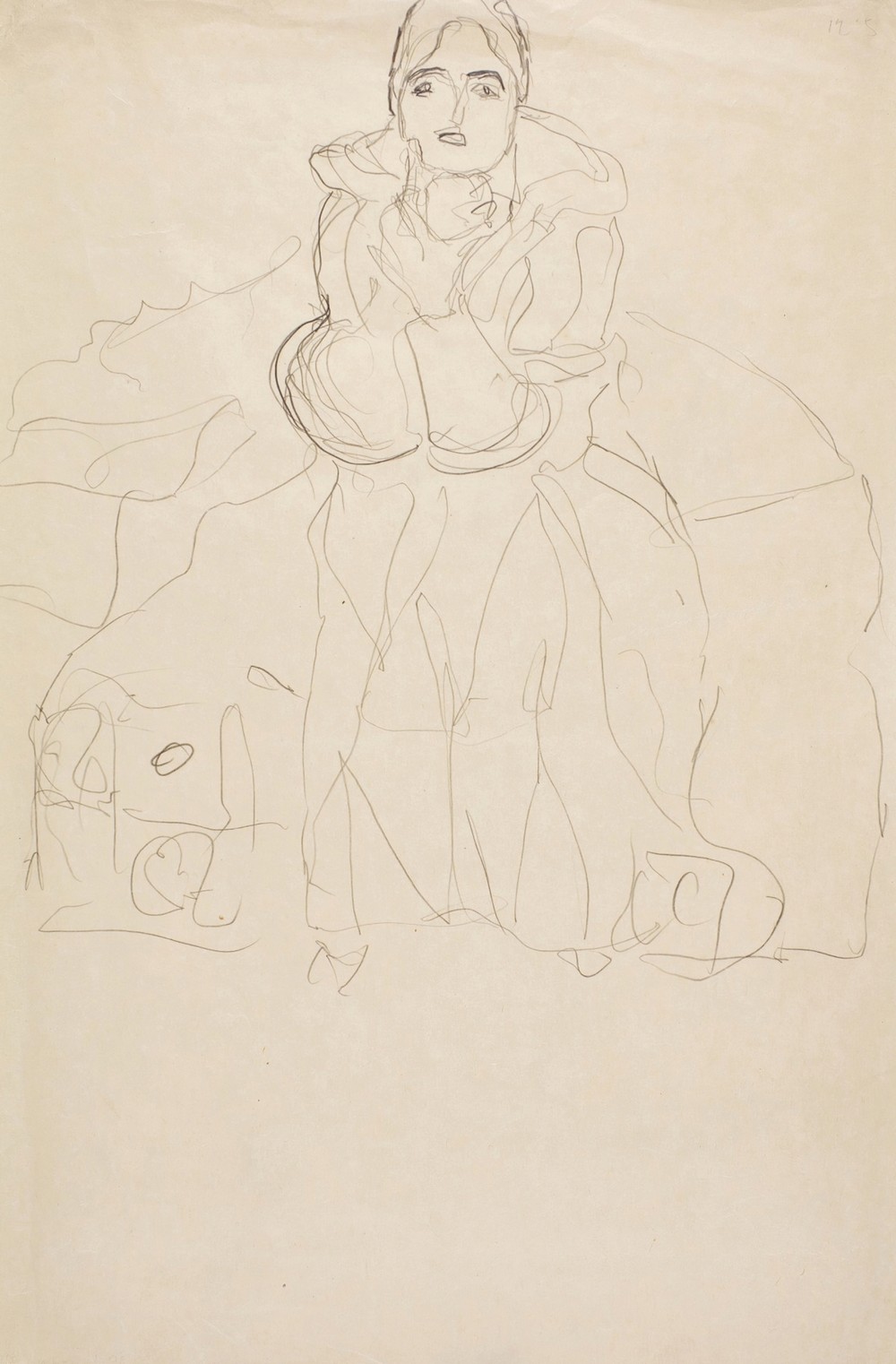 Sitzend von vorne, mit aufgestütztem Kinn (Seated Figure Head-On, Supporting her Chin)