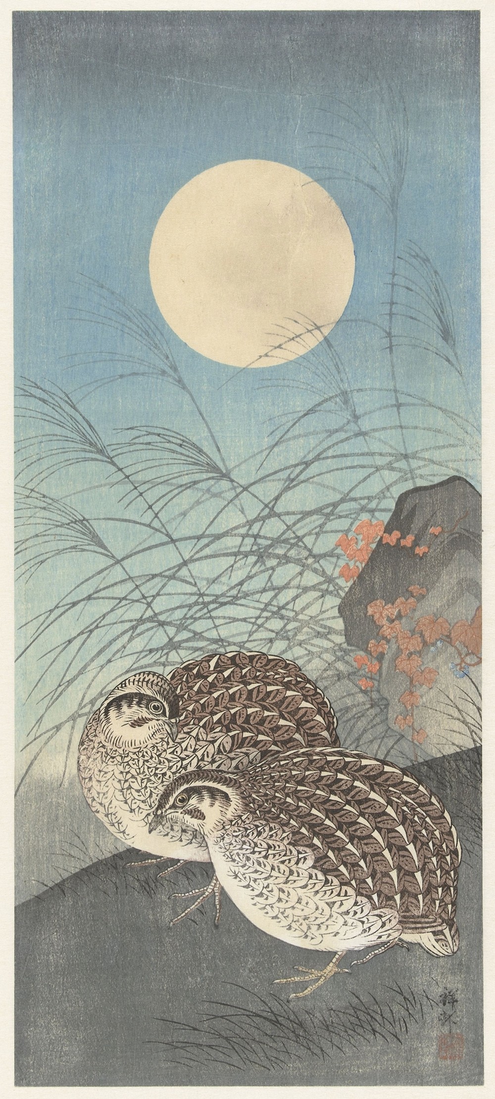 Two quail at full moon