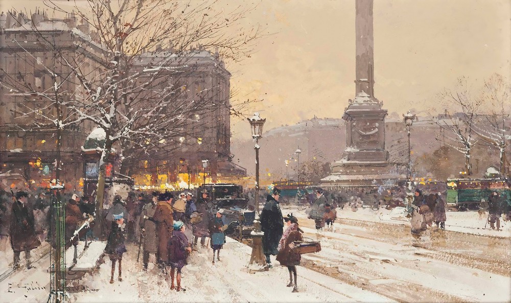 Figures in the snow, the Place de Concorde, Paris