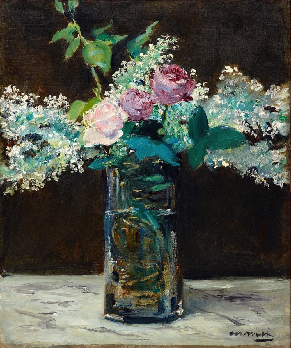 Vase of White Lilacs and Roses