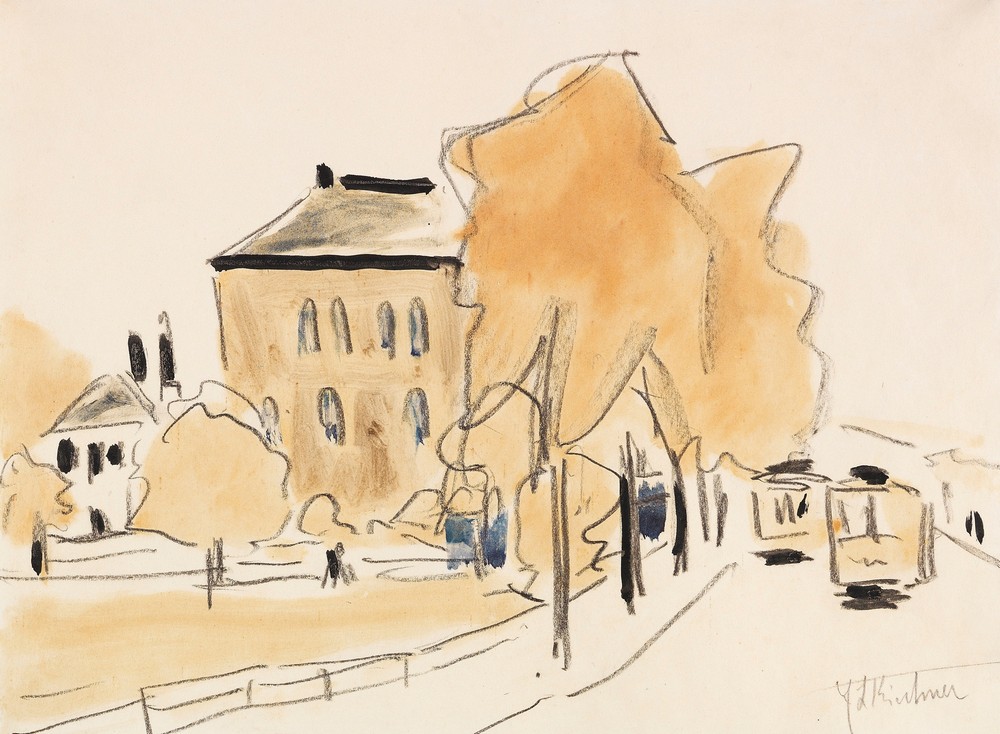 Stadtlandschaft mit zwei Straßenbahnen (Strassenbahn. Berlinerstrasse in Dresden)