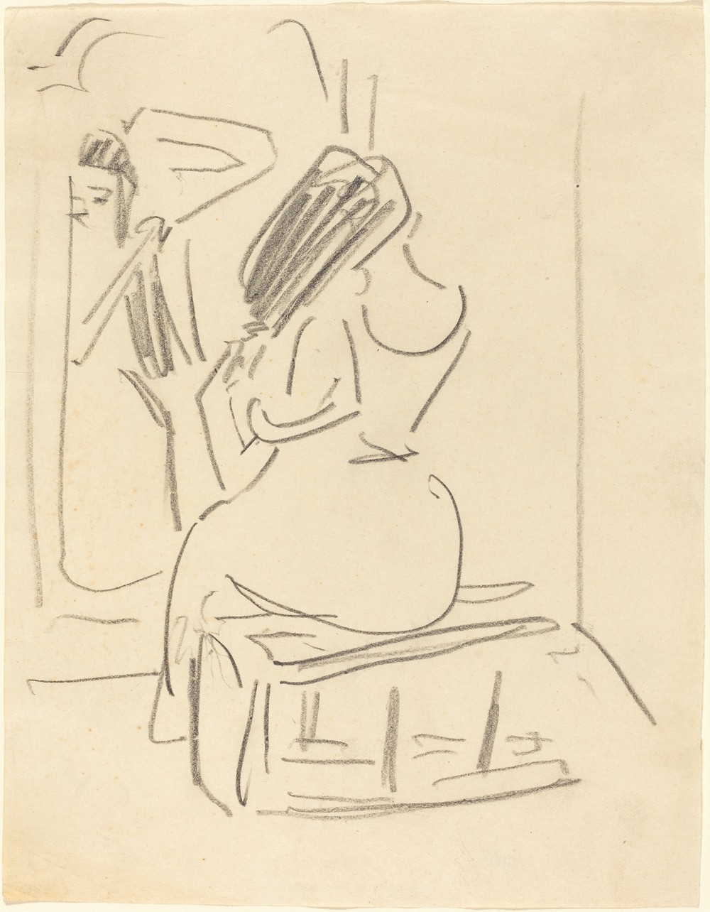A Woman Combing Her Hair in Front of a Mirror